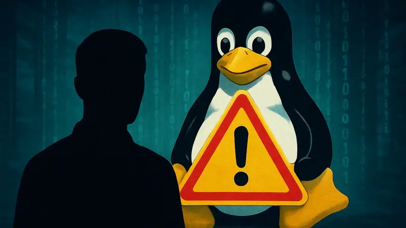 Изображение знака опасности с текстом «CopyFail» на фоне логотипа Linux, символизирующее угрозу кибербезопасности.