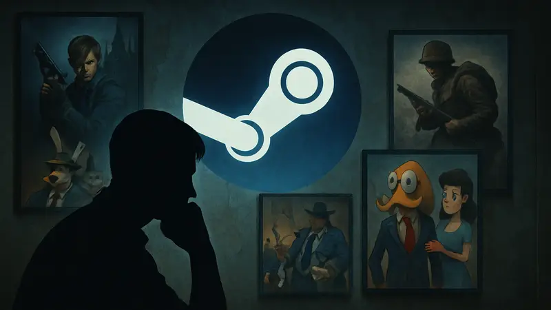 Логотип Steam и несколько обложек исчезнувших игр, символизирующих ностальгию и утрату.