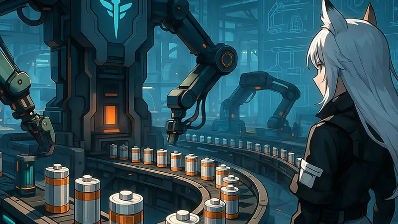 Изображение фабрики в Arknights Endfield с автоматизированным производством батарей, чертежи