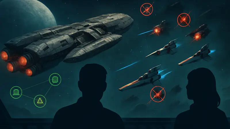 Скриншот из игры Battlestar Galactica: Scattered Hopes с космическим кораблем и элементами стратегического боя
