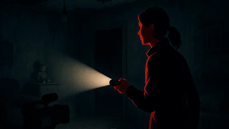 Игрок в Phasmophobia в костюме Саги Андерсон, ищет призраков в темной комнате.