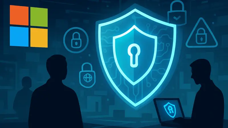 Логотип Microsoft и символы кибербезопасности, изображающие ИИ-защиту данных и систем.