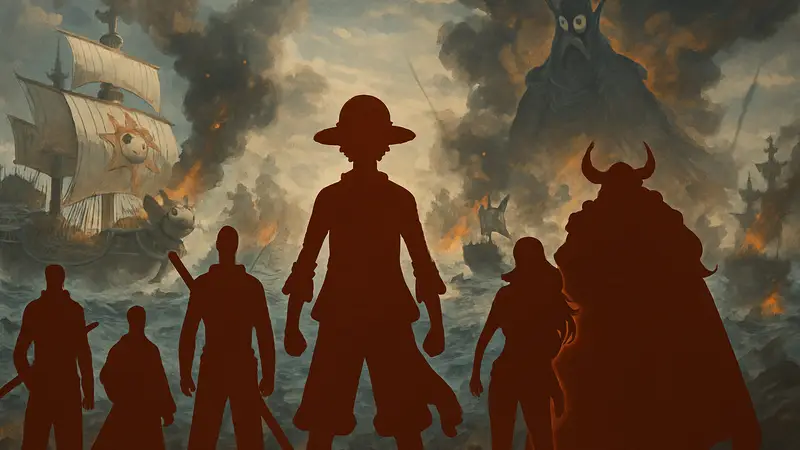 Изображение главных героев One Piece на фоне кораблей и битв, символизирующих Великую войну.