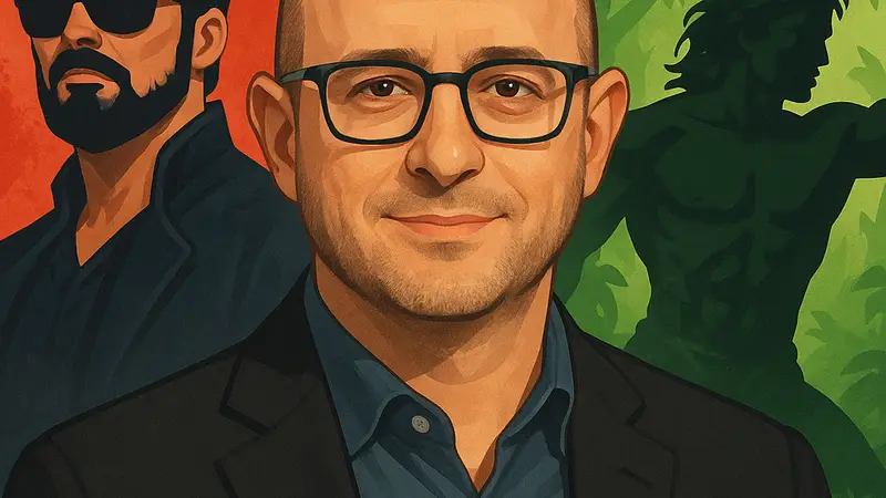 Портрет Эрика Крипке с отсылками к сериалам «Пацаны» и «Тарзан» на заднем плане.