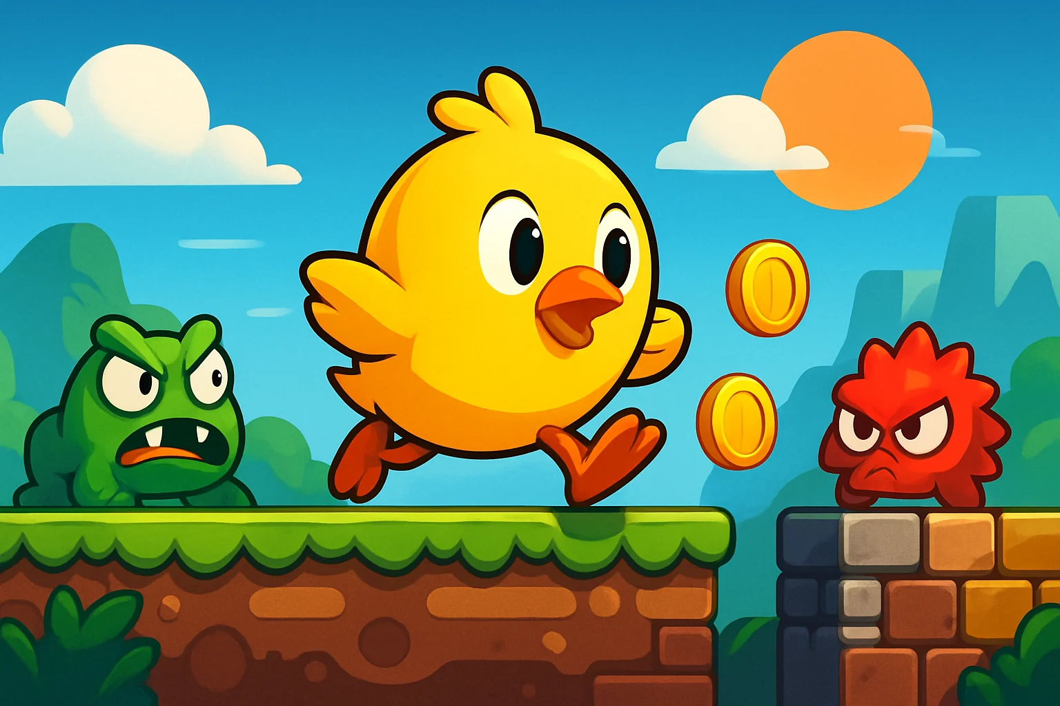 Персонаж-цыпленок из игры Go! Go! Mister Chickums бежит по стилизованной аркадной платформе с врагами.
