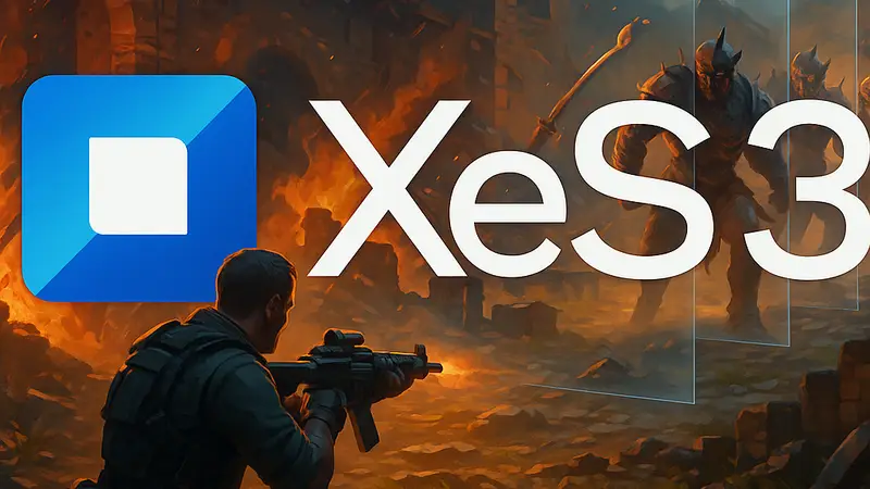 Логотип Intel XeSS 3 на фоне игрового процесса, улучшенного генерацией кадров