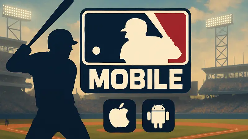 Логотип MLB The Show Mobile на фоне бейсбольного поля, а также иконки операционных систем iOS и Android.