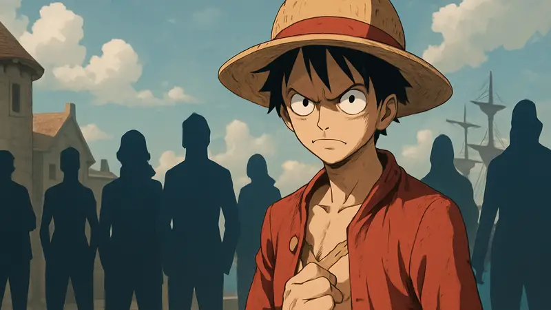 Изображение Луффи из One Piece, возможно, с несколькими силуэтами персонажей на заднем плане.