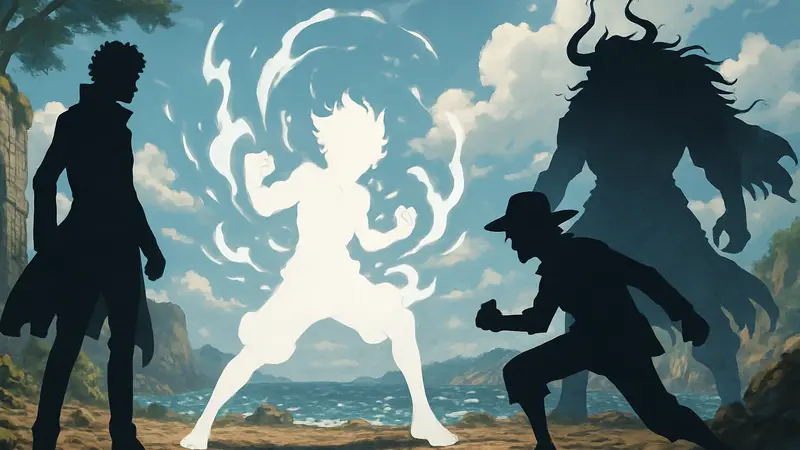 Изображение персонажей One Piece, демонстрирующих новую мощную способность или столкновение сил в стиле аниме.