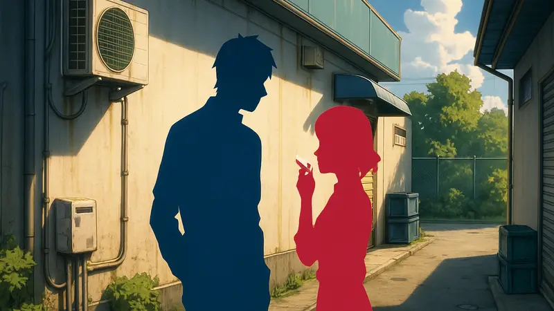 Кадр из аниме Smoking Behind the Supermarket With You, персонажи за супермаркетом