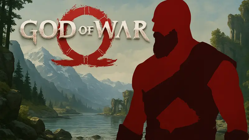 Кратос, главный герой серии God of War, на фоне логотипа новой игры, анонсированной на Comic-Con.