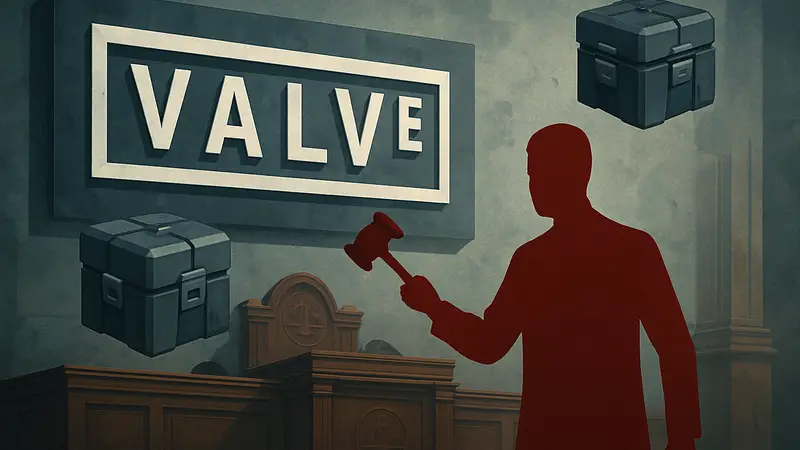 Логотип Valve и схематичные изображения лутбоксов, символизирующие судебный иск