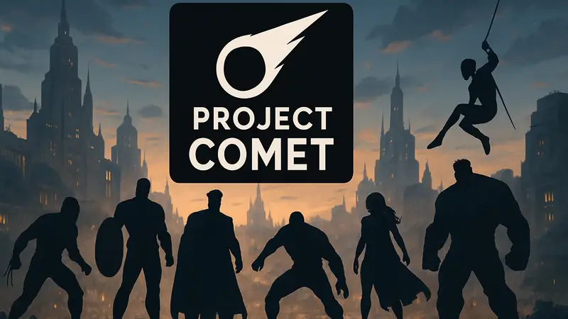 Логотип Project Comet от Marvel на фоне супергероев в стиле RPG-игры