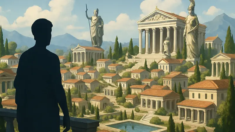 Город, построенный в Theos Cities of Myth, с видом на храмы богов