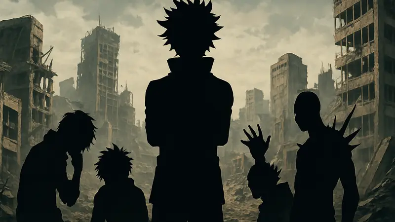 Изображение злодеев из аниме Моя геройская академия на фоне разрушенного города, символизирующее критику общества.