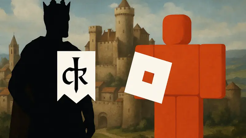 Изображение логотипа Crusader Kings 3 и Roblox на одном фоне, символизирующее адаптацию игры.