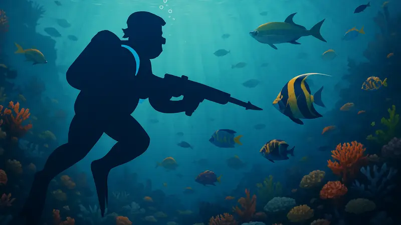 Главный герой Dave the Diver погружается в океан с гарпуном, на фоне коралловые рифы и экзотические рыбы.