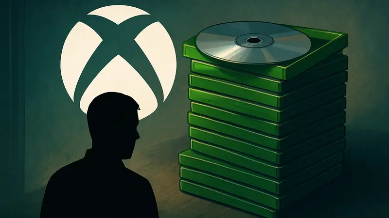 Логотип Xbox на фоне стопки физических игровых дисков, символизирующий скрытую рекламу Microsoft.