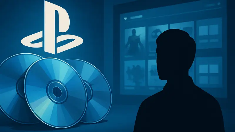 Логотип PlayStation на фоне нескольких игровых дисков и цифрового магазина.