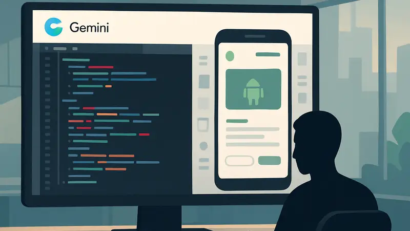 Скриншот создания Android-приложения в Google Gemini AI Studio с кодом и элементами дизайна