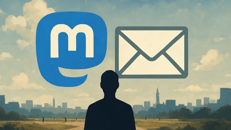 Логотип Mastodon рядом с конвертом email, символизирующим новую функцию рассылок и открытый веб.
