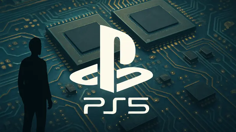Логотип PlayStation 5 на фоне микросхем оперативной памяти