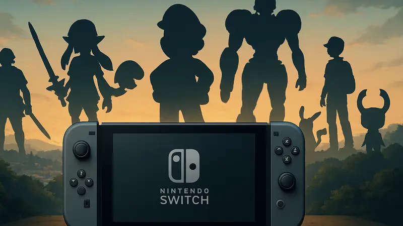 Изображение Nintendo Switch 2 и логотипы шести крупных игр, анонсированных на май 2026 года.