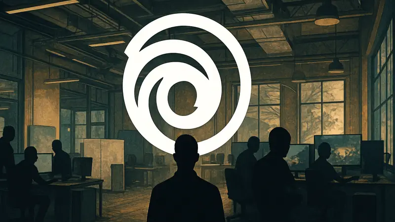 Логотип Ubisoft на фоне студии разработки игр, символизирующий новый неанонсированный проект