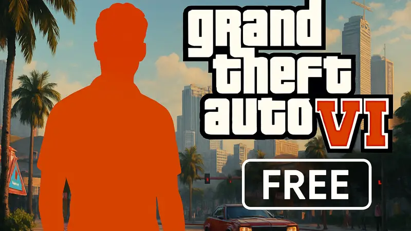 Скриншот из Grand Theft Auto 6 с логотипом игры и надписью "Бесплатно" в качестве акции.