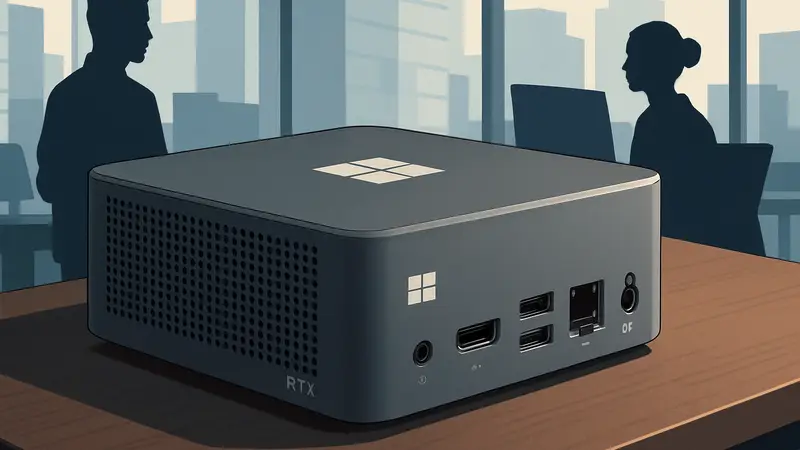 Компактный компьютер Microsoft Surface RTX Spark Dev Box, демонстрирующий разъемы и дизайн.
