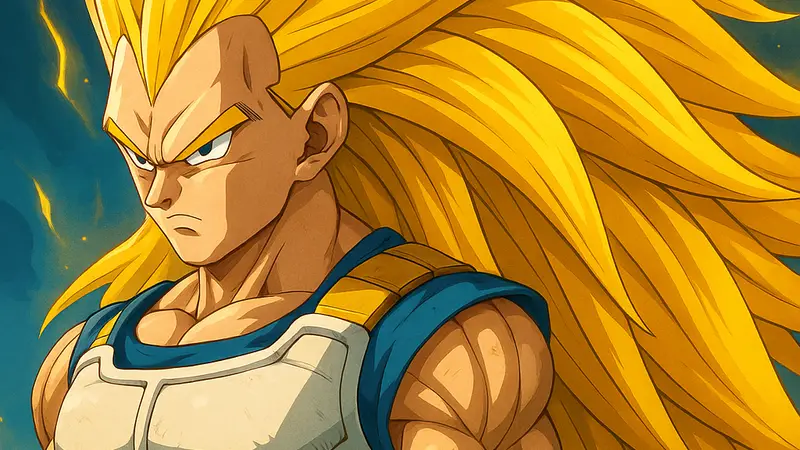Вегета в форме Супер Сайяна 3 из Dragon Ball, аниме-персонаж.