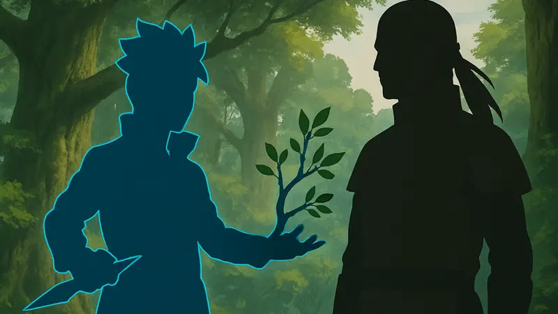 Персонаж Boruto, использующий Древесный стиль, на фоне Хаширамы.