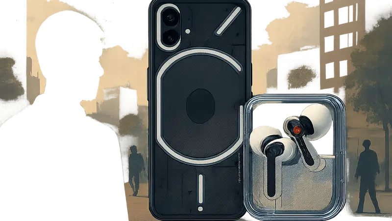 Смартфон Nothing Phone (4b) рядом с беспроводными наушниками Nothing Ear (3a) на прозрачном фоне.