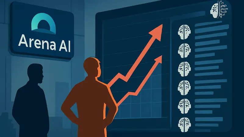 Логотип Arena AI, график роста стартапа, иллюстрация лидерборда искусственного интеллекта.
