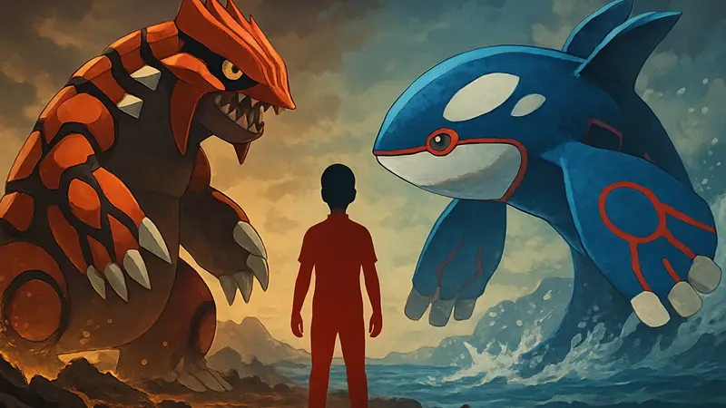 Покемоны Groudon и Kyogre, символы Pokemon Omega Ruby и Alpha Sapphire