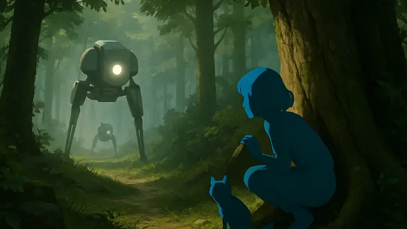 Кадр из трейлера Planet of Lana 2: девочка с компаньоном прячутся от роботов в лесу.