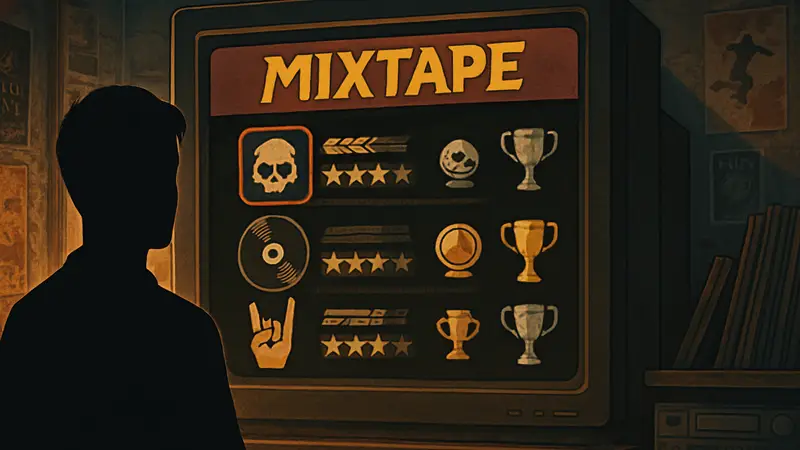 Экран достижений в игре Mixtape, демонстрирующий сложные трофеи и награды