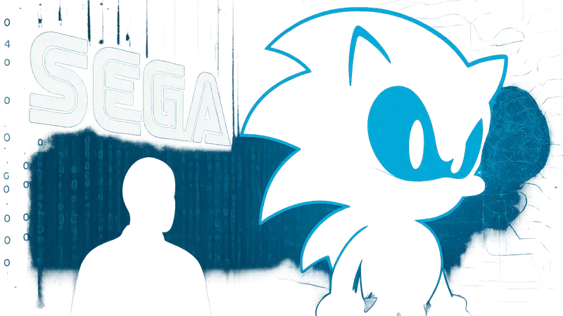 Логотип SEGA и символ Sonic the Hedgehog, на фоне изображены данные или ИИ.