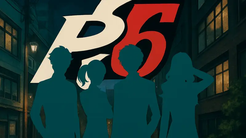 Предполагаемые персонажи Persona 6, просочившиеся в сеть, на фоне стилизованного логотипа серии.