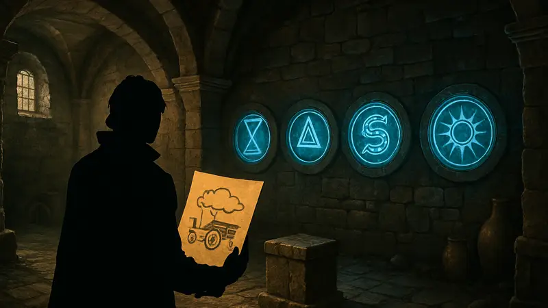 Скриншот из игры Crimson Desert, демонстрирующий головоломку в подвале поместья Гленбрайт и чертеж Cloudcart