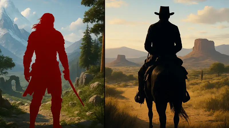 Изображения Crimson Desert и Red Dead Redemption 2, демонстрирующие их открытые миры.