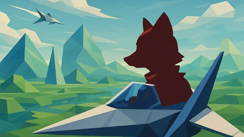 Главный герой Star Fox, Фокс МакКлауд, в своём космическом истребителе на фоне полигонального 3D мира.