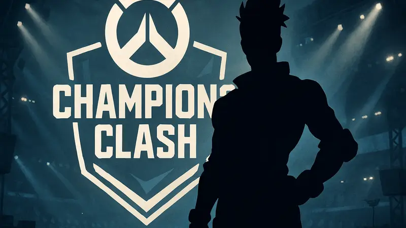 Силуэт нового героя Overwatch на фоне логотипа OWCS Champions Clash, предвкушение анонса.