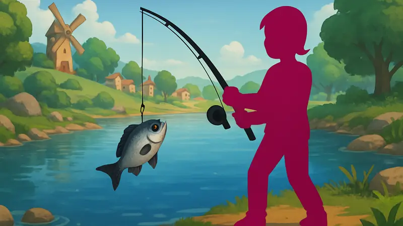 Игровой персонаж ловит чернохвостого морского леща в Heartopia на фоне водоема