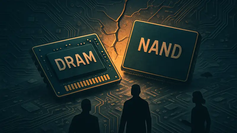 Изображение чипов памяти DRAM и NAND Flash на фоне микросхем, символизирующих кризис электроники и дефицит компонентов.