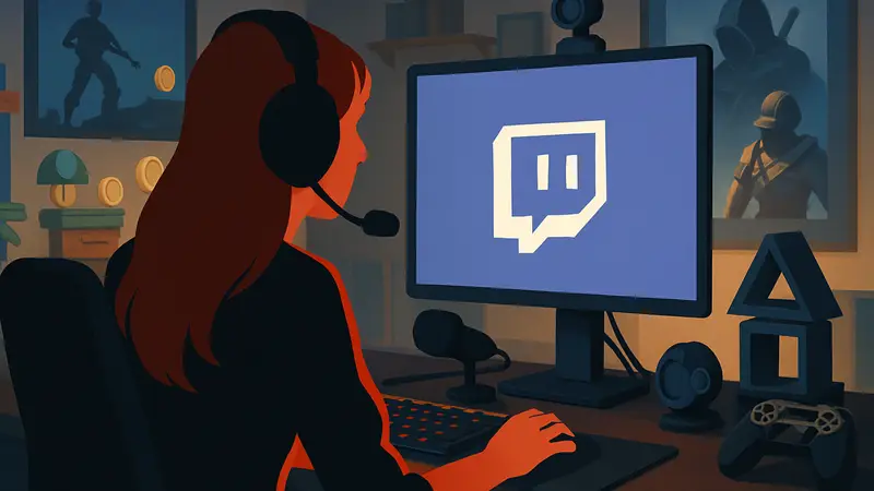 Sunnys, стримерша 100 Thieves, за компьютером во время Twitch трансляции, окруженная игровыми элементами.