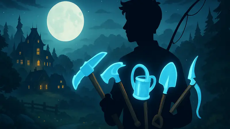 Зачарованные инструменты в Moonlight Peaks: кирка, топор, лейка, лопата, коса, удочка