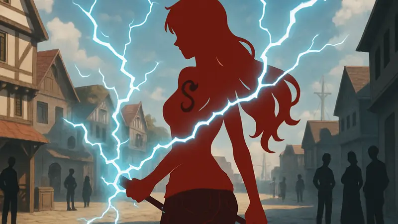 Нами из аниме One Piece с Клима-Тактом, вокруг неё электрические разряды, символизирующие Хаки.