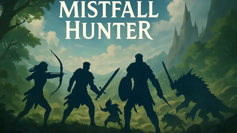 Обложка игры Mistfall Hunter с персонажами, сражающимися в фэнтезийном мире.