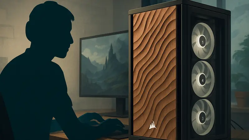 Деревянная фронтальная панель Corsair для корпуса 5000D с дизайном «волна» на игровом ПК.